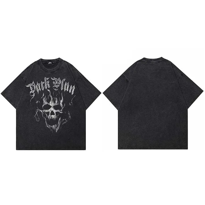 Retro Black Fire Flame Washed T-Shirt — fabric close-up