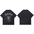 Retro Black Fire Flame Washed T-Shirt — fabric close-up