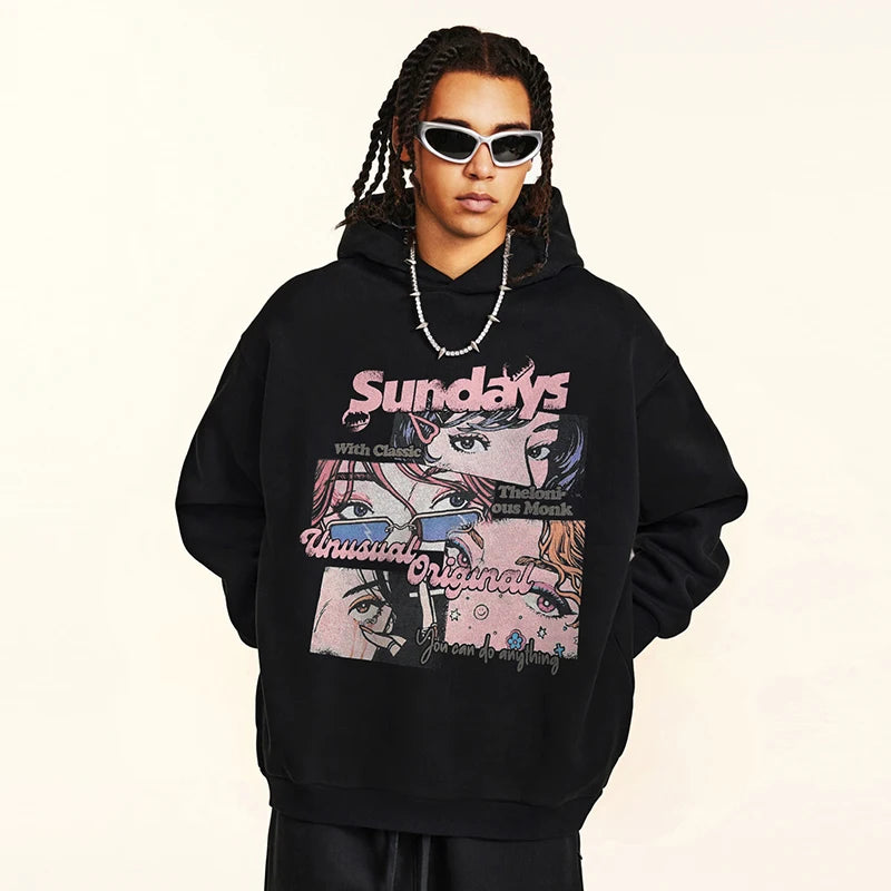 Black Anime Cartoon Graphic Hoodie — front view