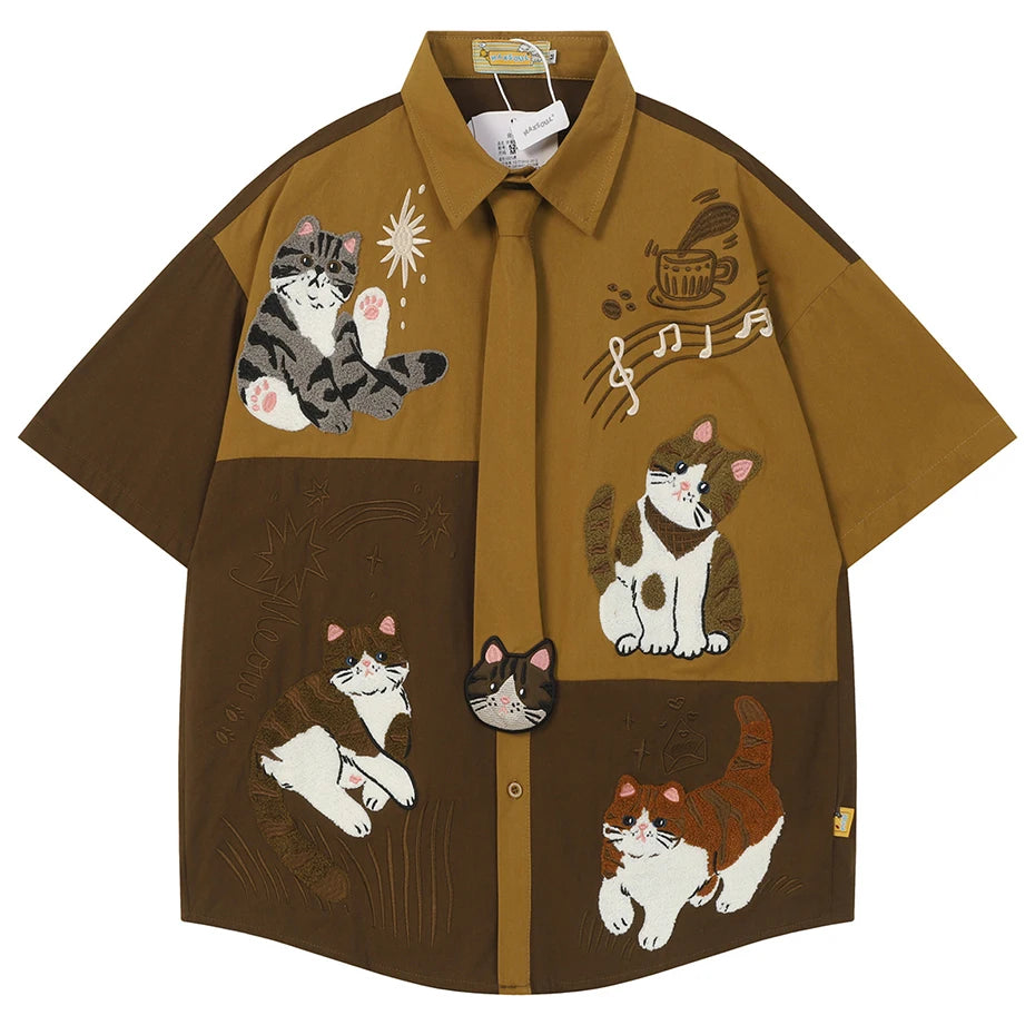 Color Block Vintage Cat Graphic Oversized Shirt — styling shot