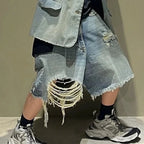 Blue Ripped Wide Leg Denim Shorts — back view
