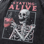 Retro Black Skull Skeleton Washed Oversized T-Shirt — detail shot
