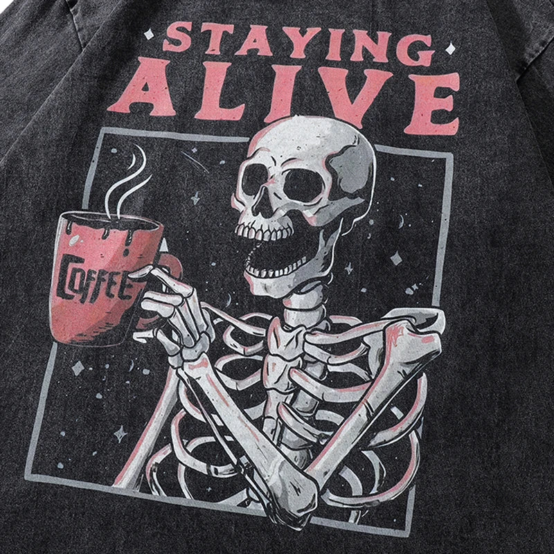 Retro Black Skull Skeleton Washed Oversized T-Shirt — detail shot