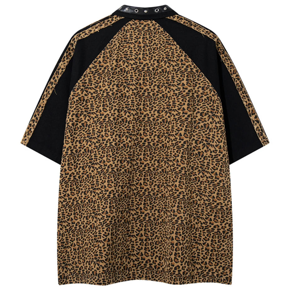Y2K Leopard Patchwork Oversized T-Shirt — front view