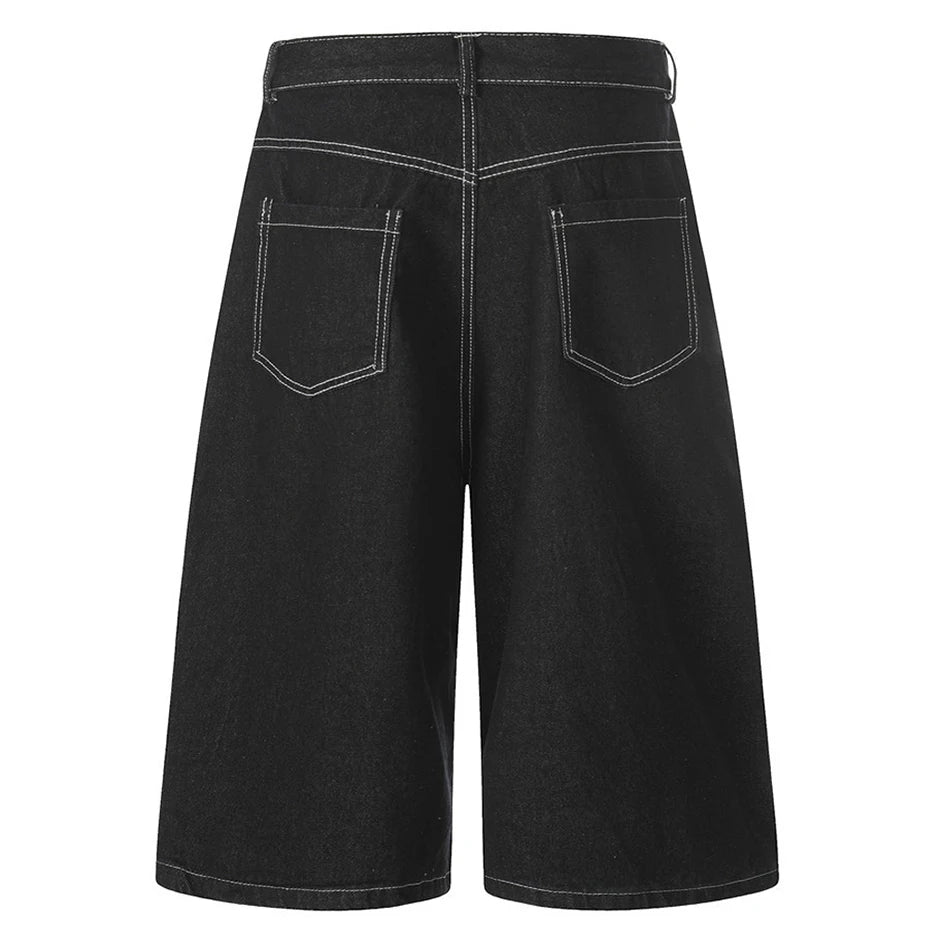 Black Star Embroidered Loose Denim Shorts — back view