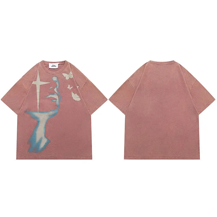 Retro Shadow Butterfly Washed T-Shirt — flat lay