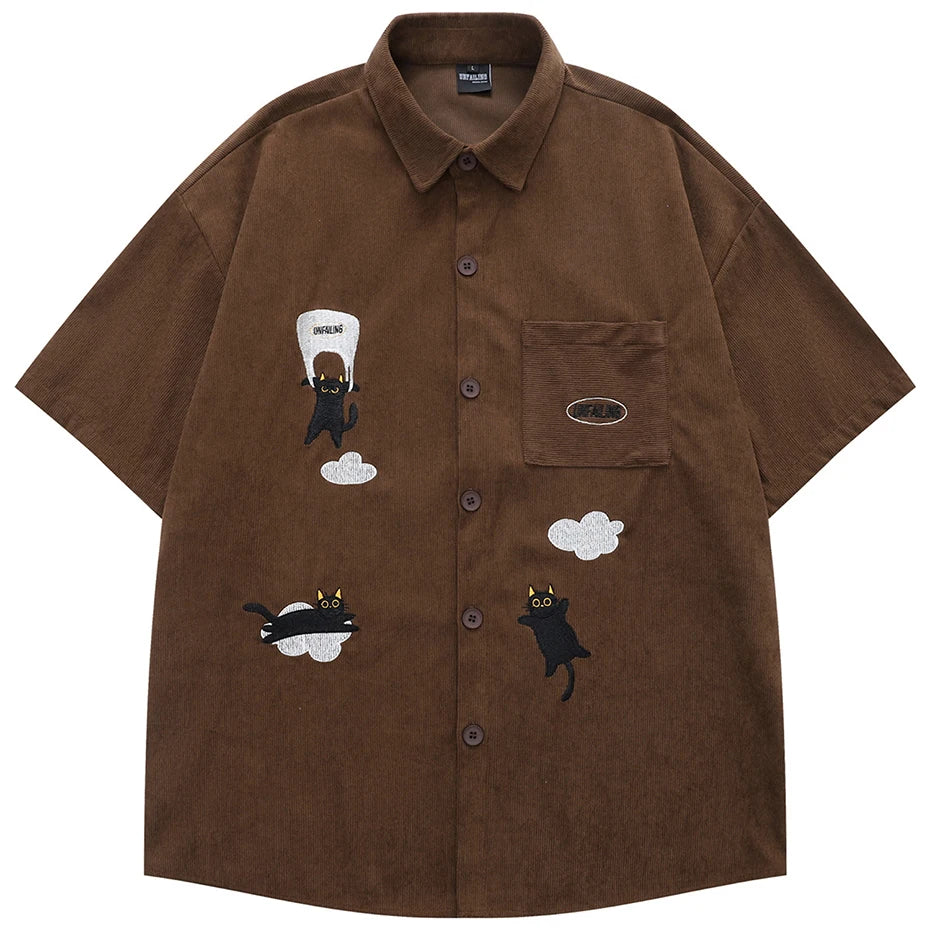 Vintage Cat Graphic Corduroy Loose Shirt — detail shot