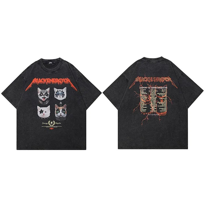 Retro Black Cats Graphic Oversized T-Shirt — fabric close-up