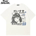 Y2K White Anime Cartoon Graphic T-Shirt — front view