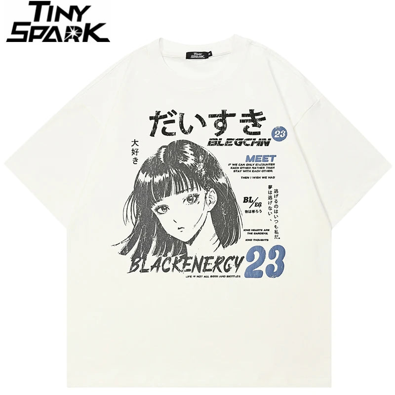 Y2K White Anime Cartoon Graphic T-Shirt — front view