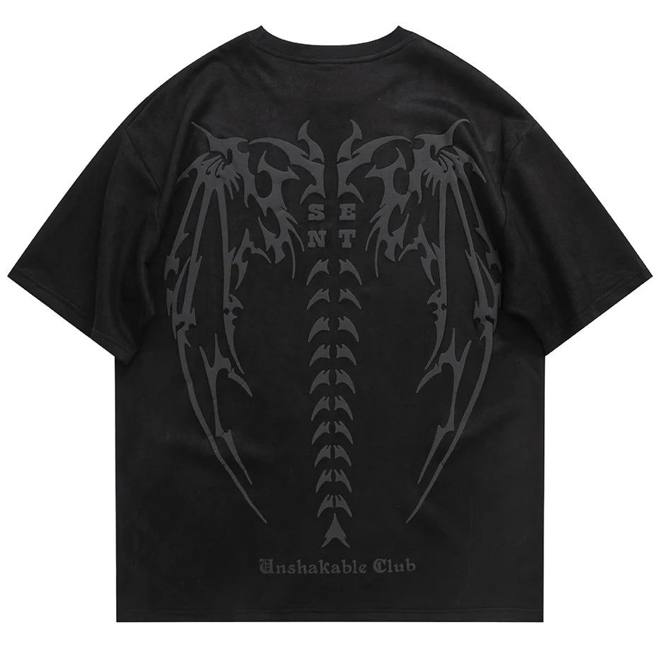 Skeleton Wings Graphic Suede Loose T-Shirt — back view