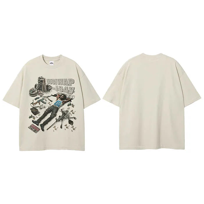 White Vintage Beige Cartoon Graphic T-Shirt — fit shot