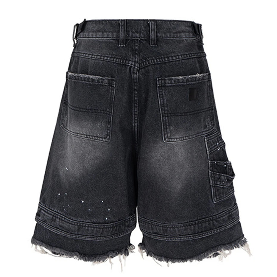 Vintage Blue Ripped Wide Leg Denim Shorts — detail shot
