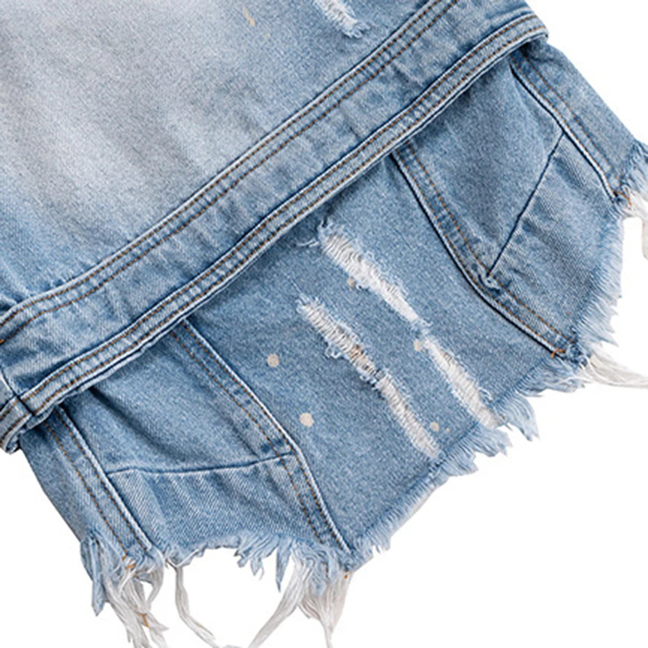 Vintage Blue Ripped Wide Leg Denim Shorts — fabric close-up