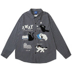 Vintage Plaid Cats Graphic Loose Shirt — back view