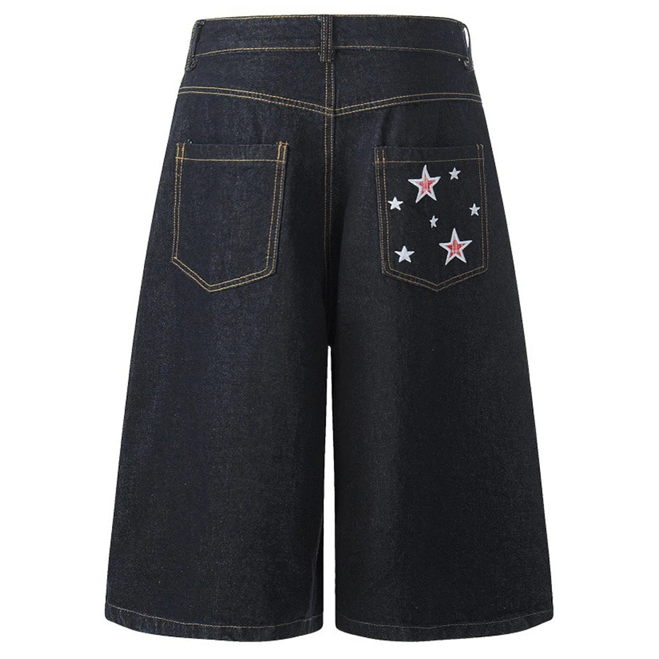 Vintage Blue Star Embroidered Denim Shorts — detail shot