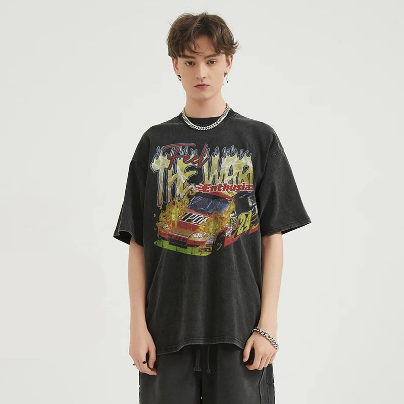 Retro Black Racing Car Washed T-Shirt — front view