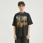 Retro Black Racing Car Washed T-Shirt — front view