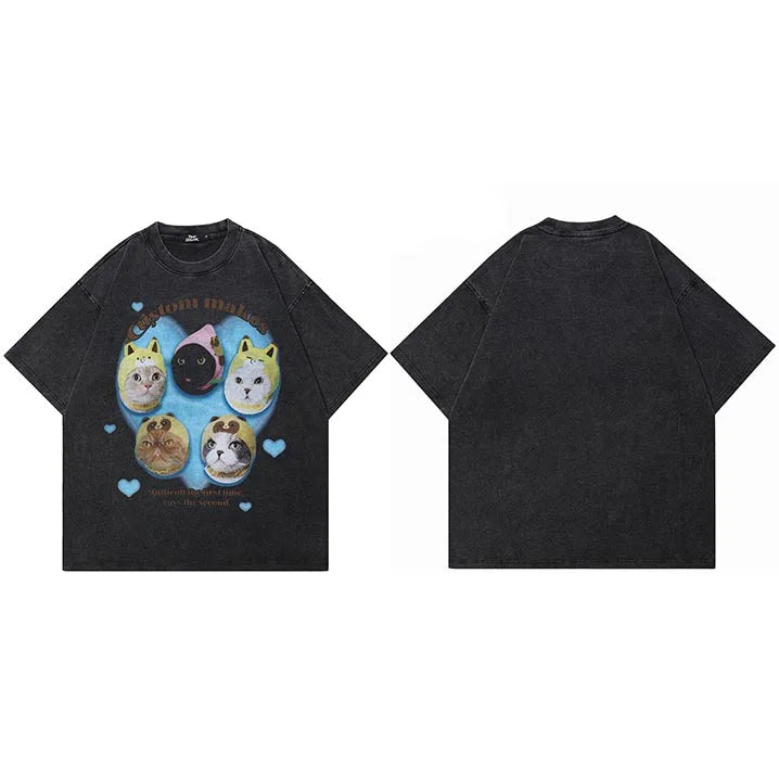 Black Baby Cats Graphic Oversized T-Shirt — fabric close-up