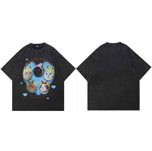 Black Baby Cats Graphic Oversized T-Shirt — fabric close-up