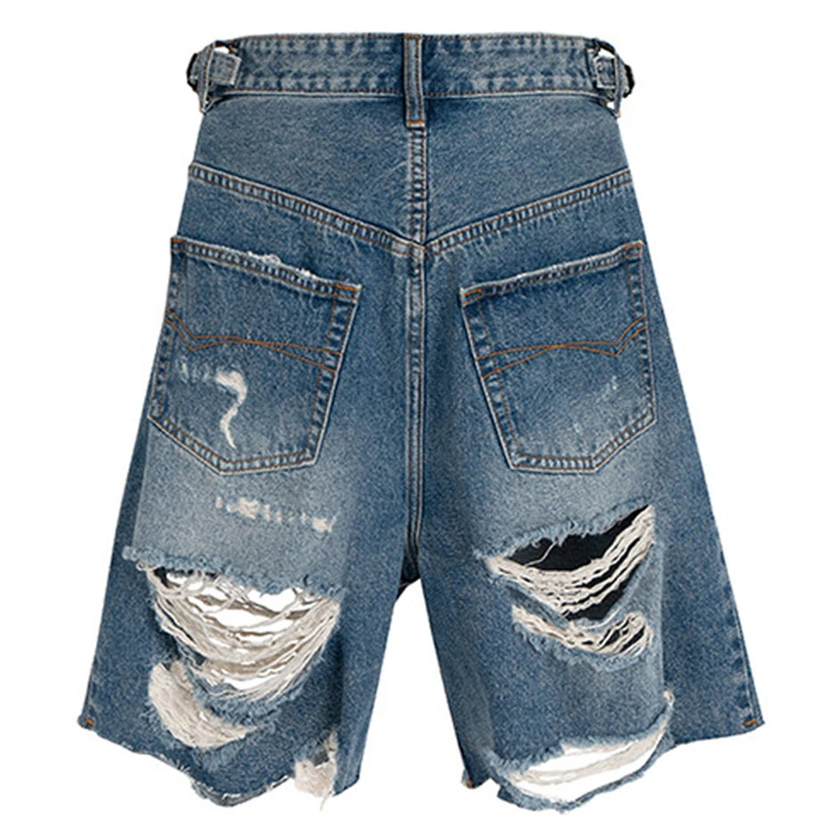 Blue Ripped Wide Leg Denim Shorts — front view