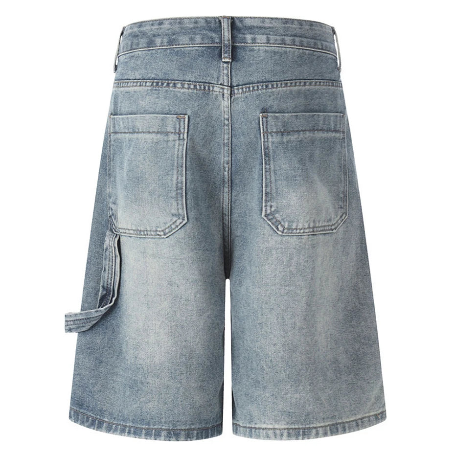 Vintage Blue Patchwork Loose Denim Shorts — front view