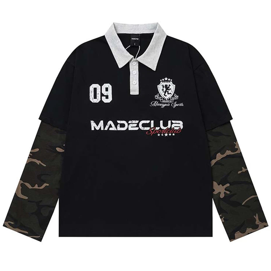 Y2K Vintage Camouflage Patchwork Oversized Long Sleeve Tee — styling shot