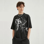 Y2K Black Anime Cartoon Washed T-Shirt — front view