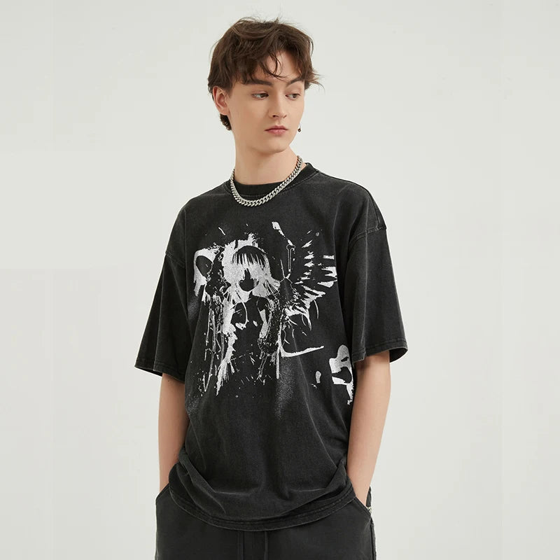 Y2K Black Anime Cartoon Washed T-Shirt — front view