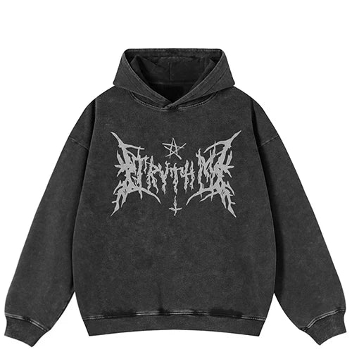 Retro Black Graphic Oversized Hoodie — flat lay