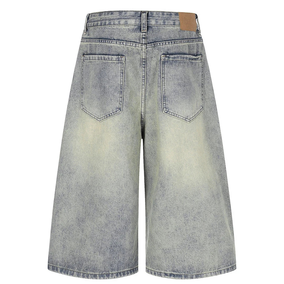 Vintage Blue Ripped Mid Rise Denim Shorts — back view