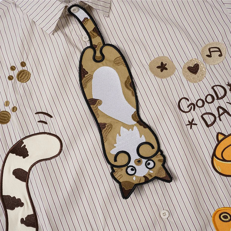 Shirts Vintage Cat Embroidered Loose Shirt — fit shot