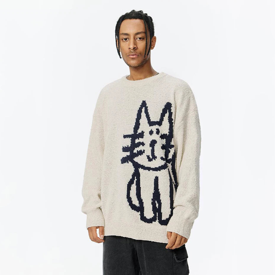 Vintage Cat Graphic Knit Oversized Sweater — fit shot