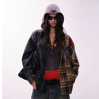 Retro Red Plaid Checkered Patchwork Oversized Shirt — front view