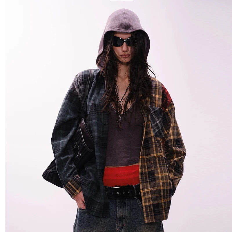 Retro Red Plaid Checkered Patchwork Oversized Shirt — front view