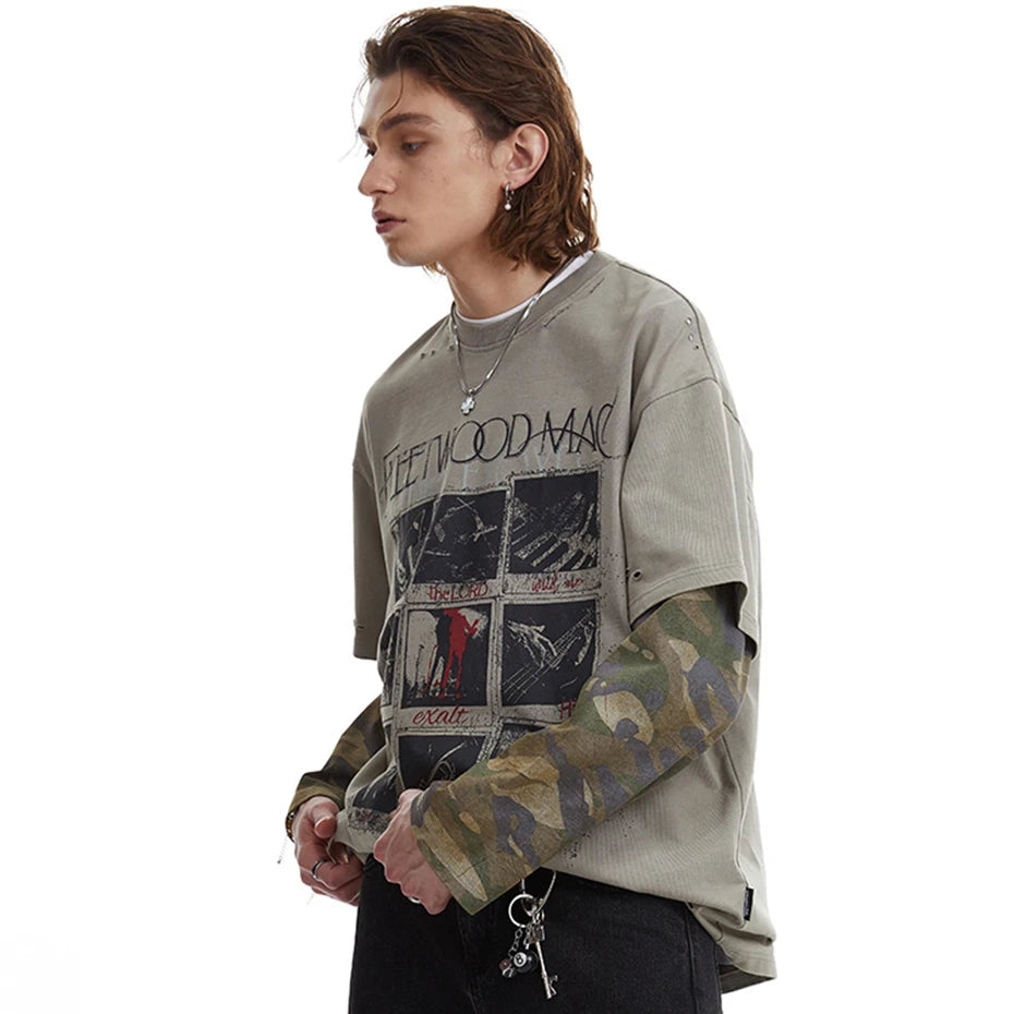 Vintage Camouflage Patchwork Oversized Long Sleeve Tee — front view