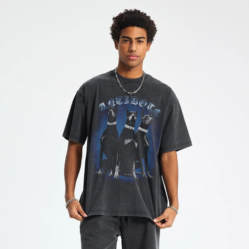 Threee Black Doberman Dog Graphic Oversized T-Shirt — front view