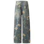 Vintage Blue Flower Print Denim Baggy Jeans — back view