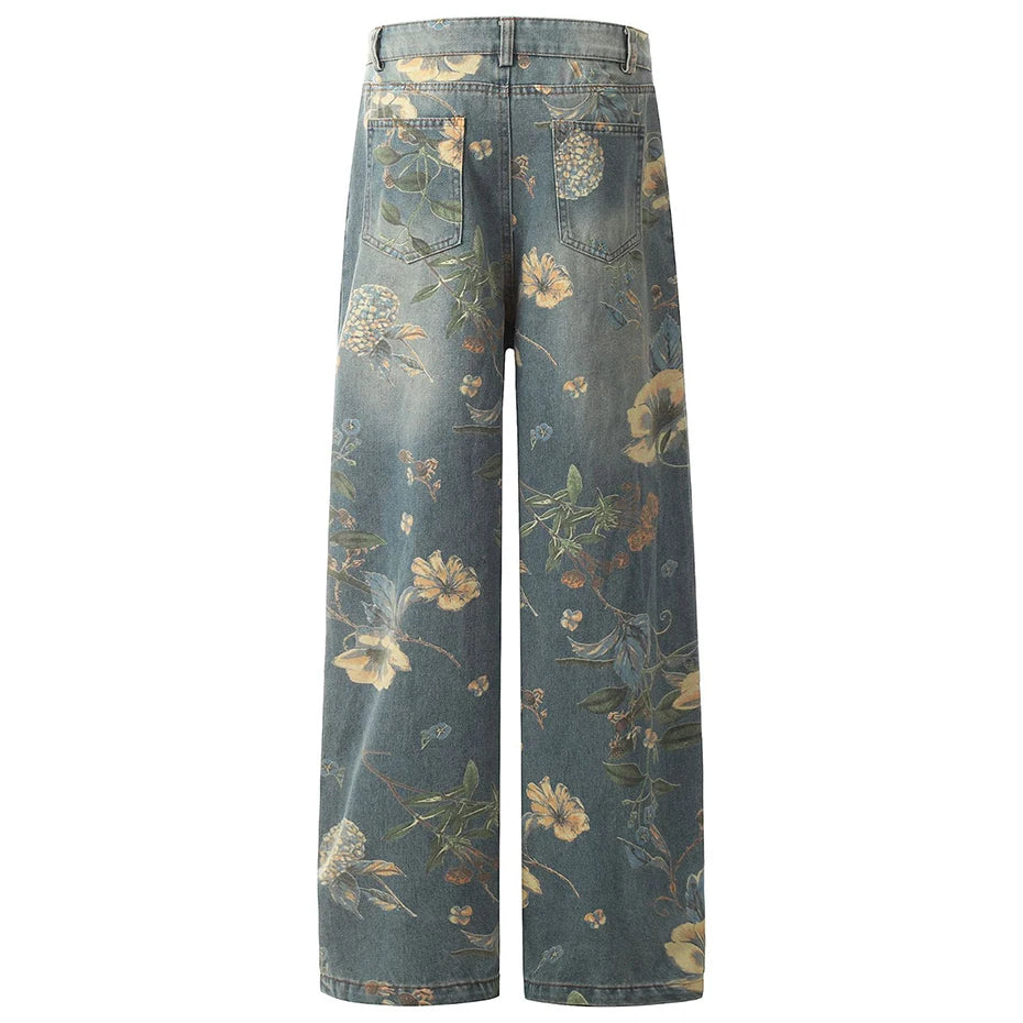 Vintage Blue Flower Print Denim Baggy Jeans — back view