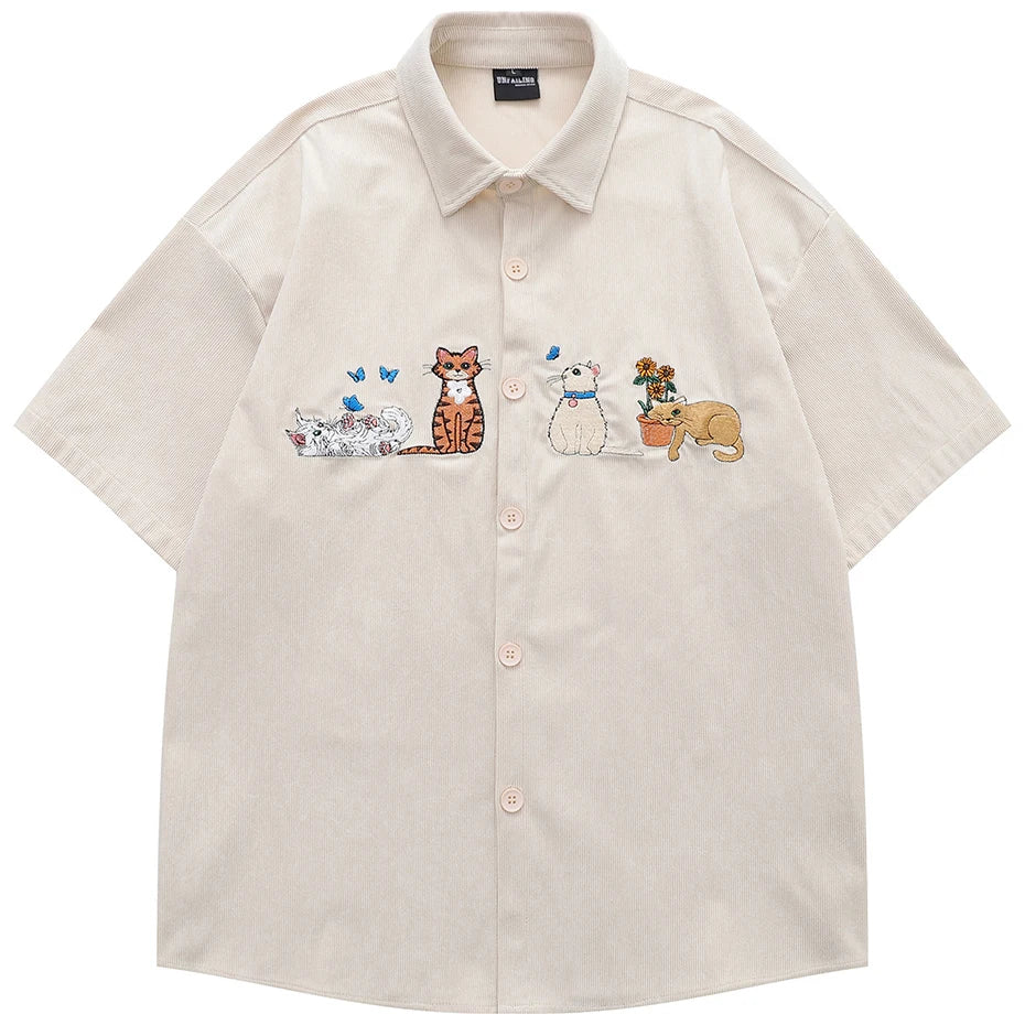 Vintage Cat Embroidered Corduroy Loose Shirt — detail shot