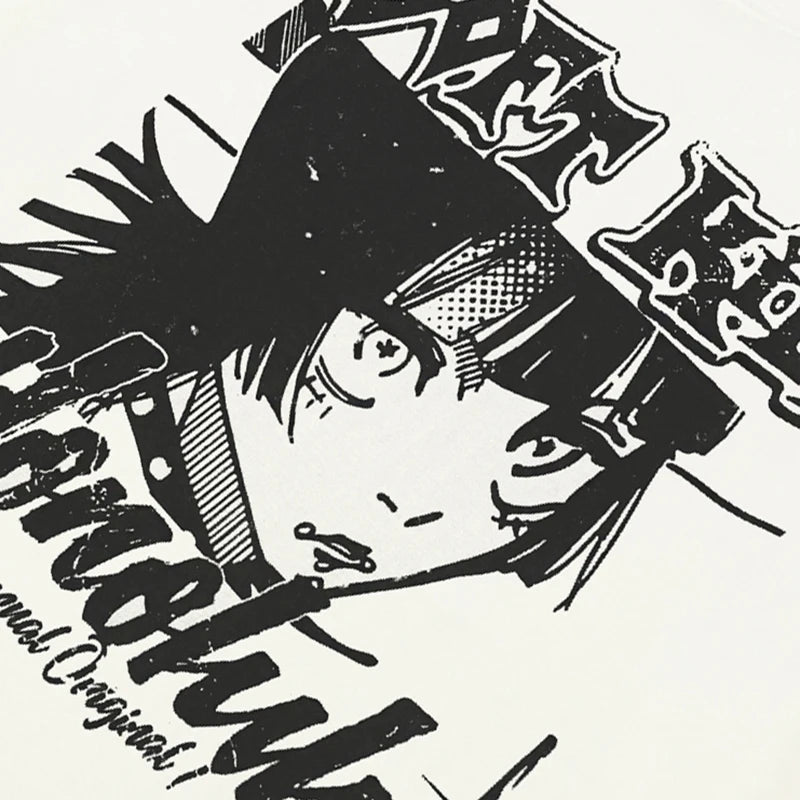 White Anime Cartoon Graphic T-Shirt — front view