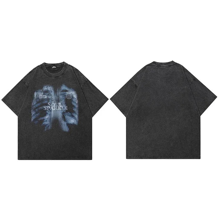 Retro Black Skeleton Washed T-Shirt — fabric close-up