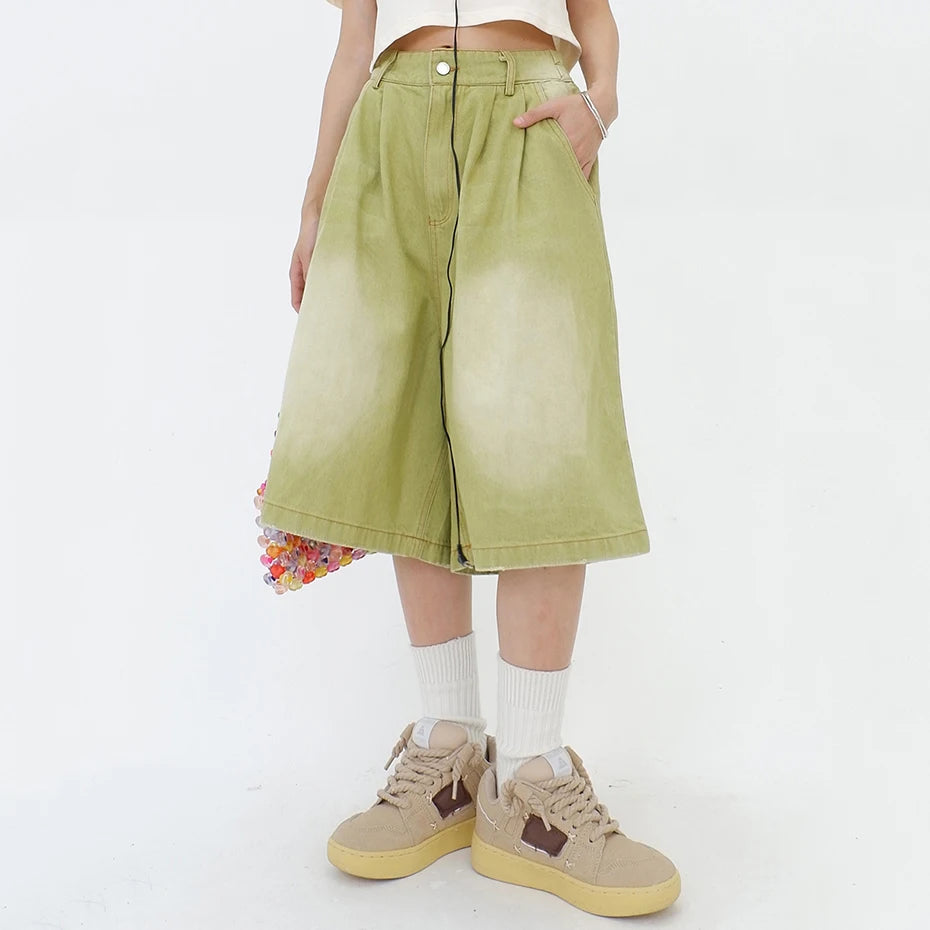 Vintage Blue Wide Leg Denim Shorts — fit shot