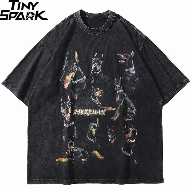 Black Doberman Dog Graphic Loose T-Shirt — front view