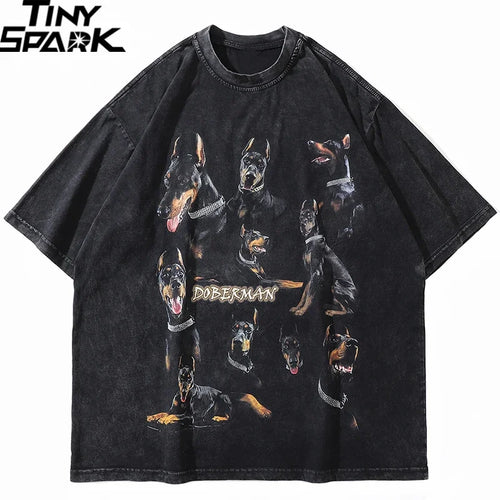 Black Doberman Dog Graphic Loose T-Shirt — front view