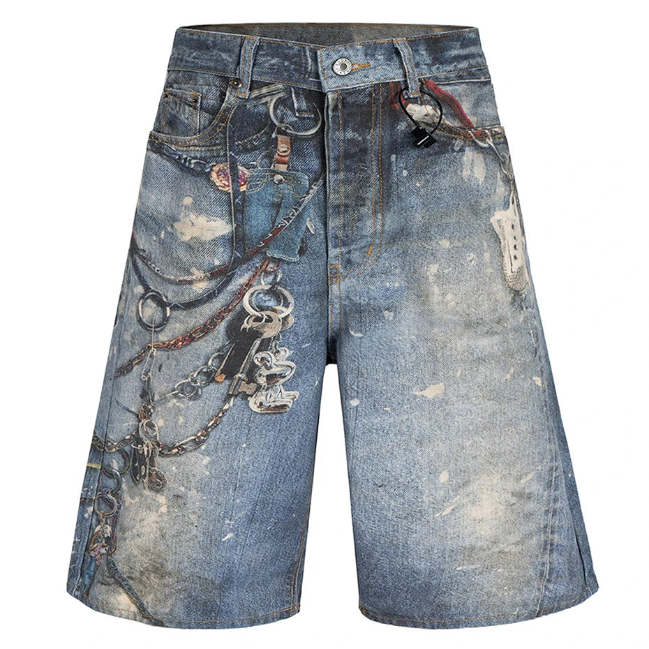 Vintage Blue Chain Graphic Loose Denim Shorts — styling shot