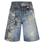 Vintage Blue Chain Graphic Loose Denim Shorts — styling shot