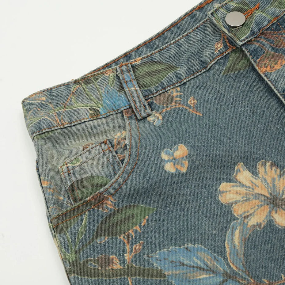 Vintage Blue Flower Print Denim Baggy Jeans — detail shot