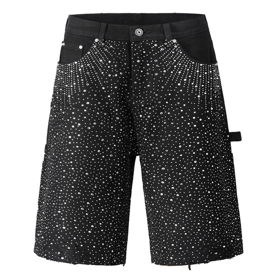 Black Rhinestone Denim Shorts — fabric close-up