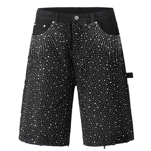 Black Rhinestone Denim Shorts — fabric close-up